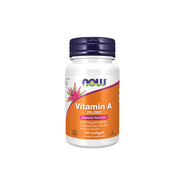Now Foods Vitamin A 25,000 IU, 100 softgels, promotes vision, skin, and immune health.
